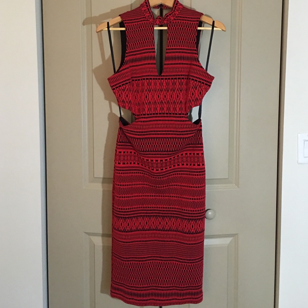 Red Patterned Cutout Midi Dress